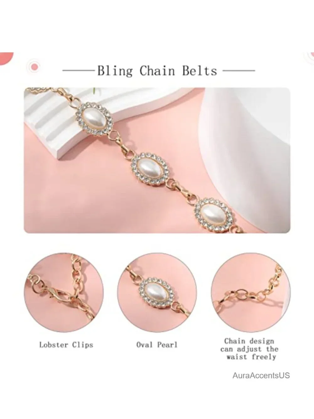Metal Waist Chain Belt for Women - Pearls Rhinestone Gold Silver Belt for